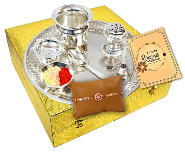 Silver Color Pooja Thali Set for Raksha Bandhan – Pooja Thali for Rakhi