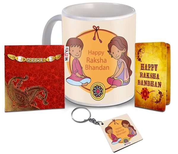 Designer Rakhi for Brother with Happy Raksha Bandhan Printed Mug, Keychain