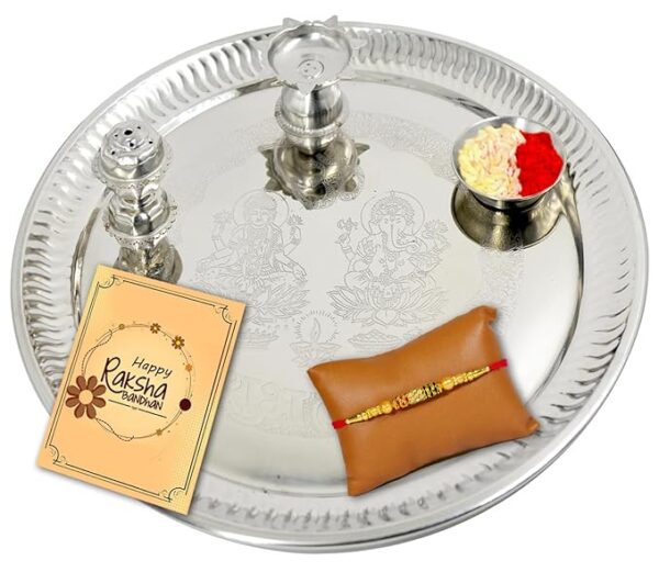 Silver Color Pooja Thali Set for Raksha Bandhan – Decorative Pooja Thali for Rakhi