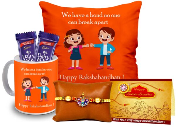 Rakhi Gift Set with Printed Cushion and Mug Combo for Bhai and Bhaiya
