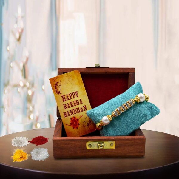 Rakshabandhan Gifts – Pearl Rakhi with Roli in Elegant Wooden Box and Milk Chocolate Bar Combo - Image 2