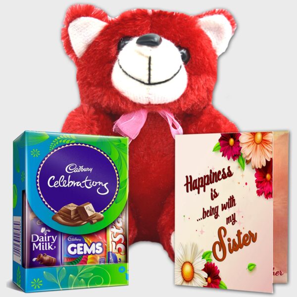 Special Gift for Sister – Chocolate, Red Teddy, and Greeting Card Combo for Rakhi