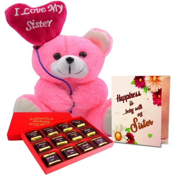 Chocolate Gift Box with Teddy and Greeting Card – Perfect Gift for Sister